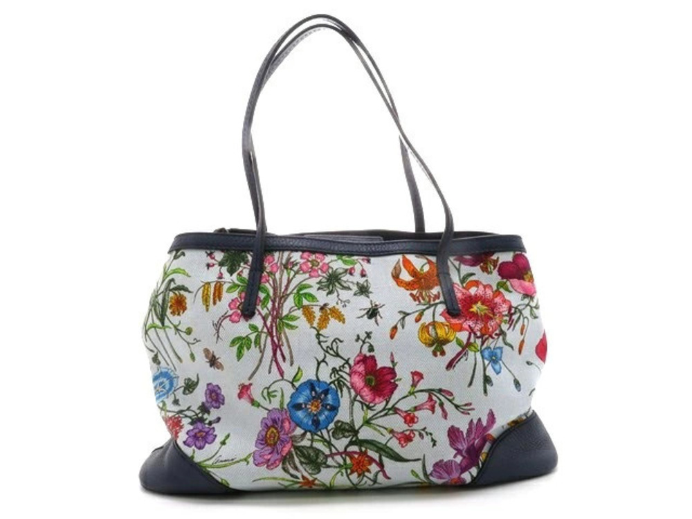Gucci tote bag Flora Flower canvas leather blue Navy Blue floral